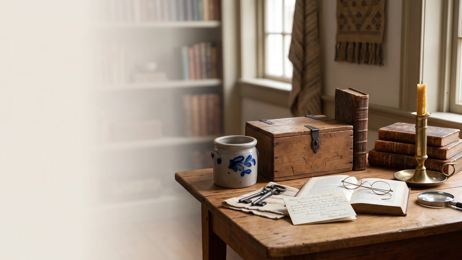 Curated American antiques arranged on a wooden table for careful evaluation